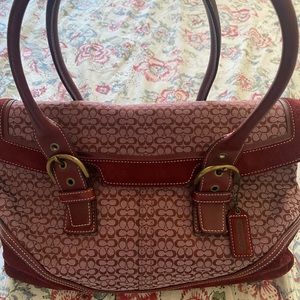 COACH MINI "C" CRANBERRY RED JACQUARD SATCHEL WITH SUEDE TRIM. BAG No-C04J-7080
